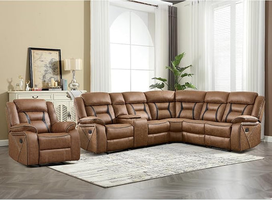 EBELLO Faux Leather Reclining Sectional Sofa Set for Living Room, 1 Recliner Chair and L-Shaped Reclining Couches Home Furniture Set with Center Console, Hidden Cup Holders and Storage, Brown