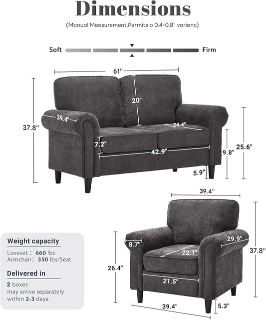 Kingfun Loveseat 2 Seater Couch with Chair, Mid Century Modern Chenille Sofa Set with Rolled Arms and Deep Seats, Fluffy Comfort for Living Room, Apartment, Easy Assembly, Grey