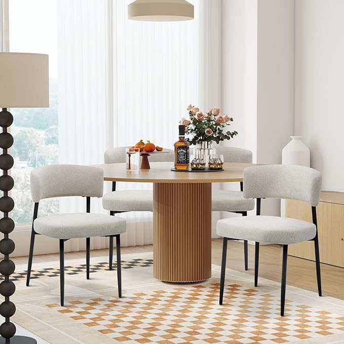 Sweetcrispy Dining Chairs Set of 4, Boucle Fabric Modern Mid Century Round Kitchen Chairs with Curved Backrest & Metal Legs for Vanity, Living Room - Modern Beige