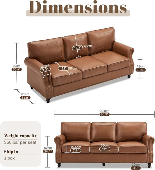 Kingfun Mid-Century Modern Couch, Faux Leather Sofa, 3 Seater Couch for Living Room with Rolled arms & Nailhead Trim, Brown