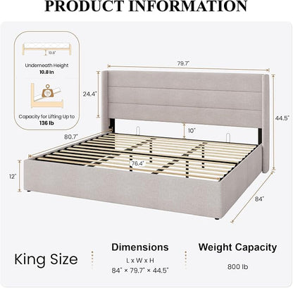SHA CERLIN King Size Lift Up Storage Bed/Modern Wingback Headboard/Upholstered Platform Bed Frame/Hydraulic Storage/No Box Spring Needed/Wood Slats Support/Light Beige