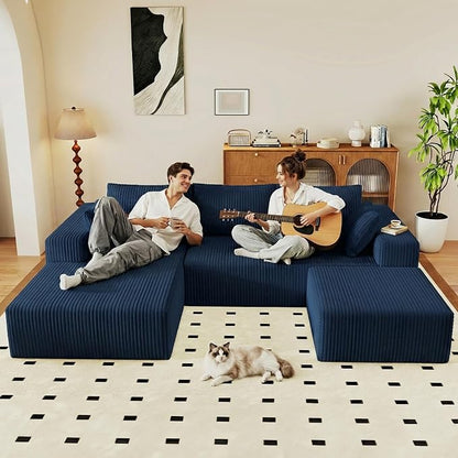 95" Cloud Sectional Couch U-Shaped Chaise with Ottoman, Corduroy Boneless Couch for Living Room Bedroom, Deep-Seat Upholstered Modular Cloud Sofa, No Assembly Required (Blue, Left Facing Chaise)