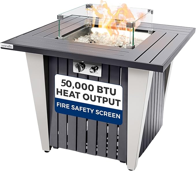 SereneLife Propane Fire Pit Table with Sturdy Metal, Gas Pits with 50,000 BTU and Stainless Steel Fire Pan, Includes Decorative Glass Rocks, Weather Cover, CSA Certified for Outdoor Fireplaces