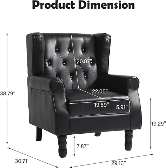 Mid-Century Modern Wingback Accent Chair - Luxe PU Faux Leather Upholstery with Solid Wood Legs, Ergonomic High Back Design - Water Resistant Living Room, Bedroom & Home Office Chair (Black)