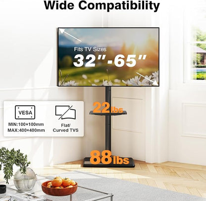 TVON Floor TV Stand with Mount for Most 32-65 Inch Flat/Curved TVs up to 88 lbs, Height Adjustable TV Mount Stand with Wood Base, Swivel TV Stand for Bedroom, Corner & Living Room, Max VESA 400x400mm