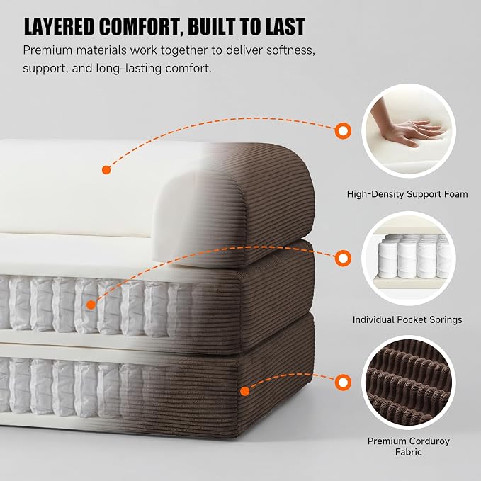 79" Convertible Sleeper Sofa Bed, Corduroy Boneless Fold-Out Couch in a Box, 4-in-1 Loveseat/Futon Couch, High-Density Foam, No Assembly, Side Pockets, 2 Pillows for Small Spaces, Brown