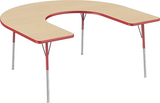 FDP Horseshoe Activity School and Office Table (60 x 66 inch), Standard Legs with Swivel Glides for Collaborative Seating Environments, Adjustable Height 19-30 inches - Maple Top and Red Edge