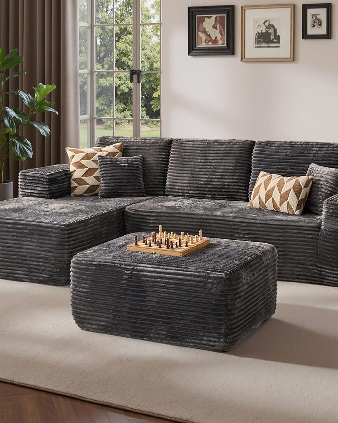37" Plush Boneless Ottoman, Upholstered Cloud Footrest for Boneless Couch in a Box,Oversize Poufs for Living Room & Bedroom Sofa Ottoman,Comfy Seating with Dense Foam, Grey (Plush Corduroy Fabric)