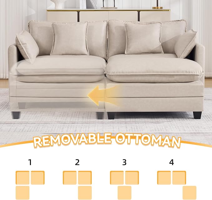 76'' Cloud Deep Seat Loveseat Sofa, Upholstered Leather Modular 2-Seats Sectional Sofa Couch with Movable Ottoman, Modern Comfy Settee Loveseat for Living Room Set, Small Apartment, Leather Beige