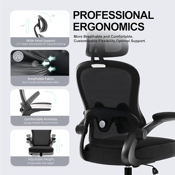 Ergonomic Office Chair,Ultra Thick Spring Cushion Desk Chair,Black | Adjustable Lumbar Support and Headrest,Flip-up Arms,Rocking Function,Mesh Home Office Computer Chair