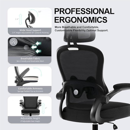 Ergonomic Office Chair,Ultra Thick Spring Cushion Desk Chair,Black | Adjustable Lumbar Support and Headrest,Flip-up Arms,Rocking Function,Mesh Home Office Computer Chair
