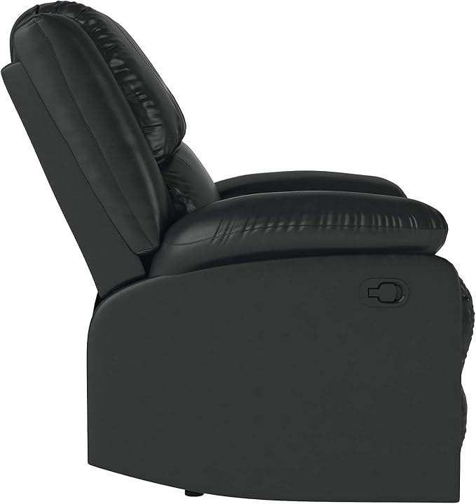 Warren 35.5" Manual Pull-Handle Recliner, Traditional Overstuffed, Pocket Coil Comfort, Black Metal Base Legs, Soft Vegan Leather Fabric, Black