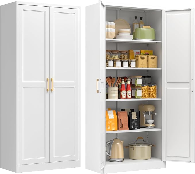 71" Metal Storage Cabinet with 4 Adjustable Shelves, White & Gold Tall Kitchen Pantry Cabinet, 180 lbs Load Per Shelf, Heavy Duty Steel Utility Organizer, Magnetic Catch