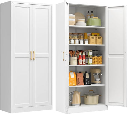 71" Metal Storage Cabinet with 4 Adjustable Shelves, White & Gold Tall Kitchen Pantry Cabinet, 180 lbs Load Per Shelf, Heavy Duty Steel Utility Organizer, Magnetic Catch