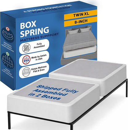 Greaton, Box Spring Bed Base Twin XL Size, 8-Inch Wood Mattress Foundation – Amish Made in USA – Quiet Noise Free, 2-Pieces Under Mattress-Support BoxSpring, Fully Assembled, White