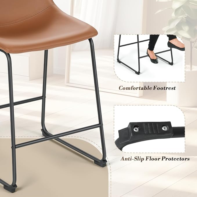 Athena Collection Bar stools Set of 2, 23 Inches Counter Height Bar Stools Chair with Back and Metal Legs, Modern Leather Barstools Set of 2 for Counter, Kitchen Island, Dining Room, Brown