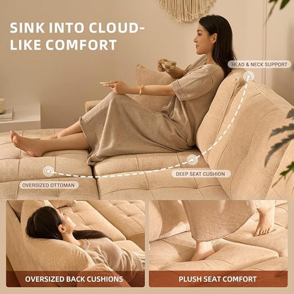 112" U Shaped Modular Cloud Sectional Couch, Waffle Fabric, Oatmeal Beige | Modular Deep Seat Sofa, Movable Ottoman, Pocket Spring Cushions, 2-Box Delivery, Living Room Lounge Use, Not Boneless