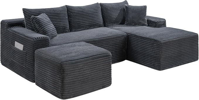 95-Inch U-Shaped Right Facing Corner Compressed Sofa Modular Sectional Boneless Cloud Sofa Floor Foam Couch W/Chaise Lounge & Ottoman, Corduroy Corner Boneless Cloud Couch