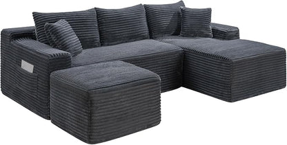 95-Inch U-Shaped Right Facing Corner Compressed Sofa Modular Sectional Boneless Cloud Sofa Floor Foam Couch W/Chaise Lounge & Ottoman, Corduroy Corner Boneless Cloud Couch