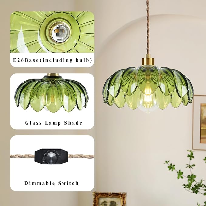 QIYIZM Plug in Pendant Light Hanging Lights with Plug in Cord Boho Hanging Lamp Glass Gold Mid Century Modern Vintage Dimmable Green Flower Plug in Chandelier Ceiling Fixture for Living Room,Kitchen