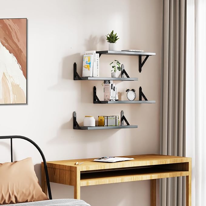 ROMGUAR CRAFT Wood Floating Shelves Set of 4, Rustic Storage Decor Wall Shelves, Wall Mounted Shelf for Living Room, Bedroom 17" x 6", Grey