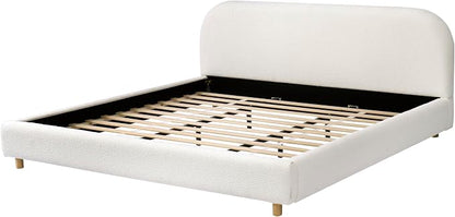 Merax California King Size Teddy Fleece Thick Fabric Upholstered Platform Bed with Curved Shaped Headboard, Wood Bed Frame with Solid Round Legs for Kids Teens Adults, White