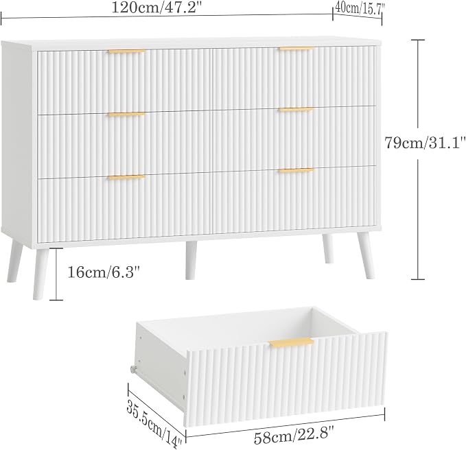 Fluted 6 Drawers Dresser for Bedroom, Wooden Wide Chest of Drawers with Metal Handle, Dresser TV Stand, Closet Storage Organizer for Entryway, Living Room, Hallway (White)