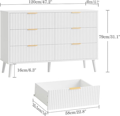 Fluted 6 Drawers Dresser for Bedroom, Wooden Wide Chest of Drawers with Metal Handle, Dresser TV Stand, Closet Storage Organizer for Entryway, Living Room, Hallway (White)