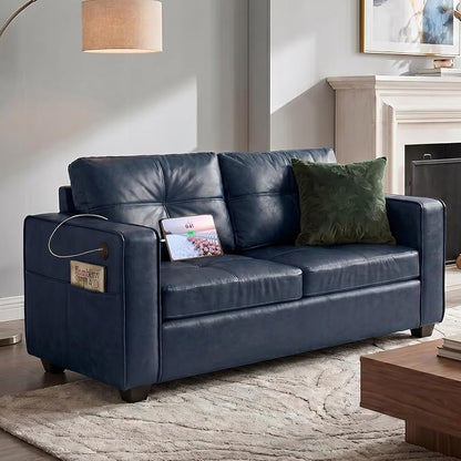 TYBOATLE 65" Faux Leather Loveseat for Bedroom, Mid-Century Modern Tufted Comfy Loveseat w/USB Charging Ports and Wide Arms, 2 Seat Office Small Couch, Blue