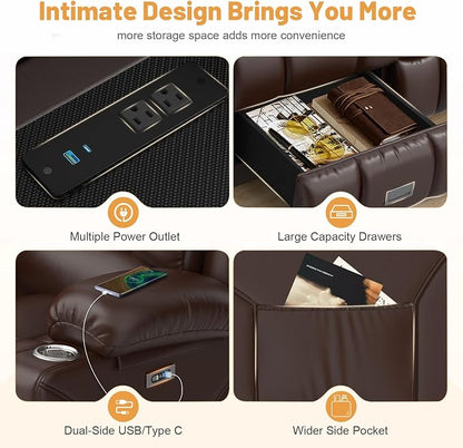 Dresegmt Power Loveseat Recliner Sofa, Zero Wall Hugger RV Reclining Loveseat Couch with Flip Middle Backrest Design, 3 Seat Reclining Sofa with Storage Drawer, Power Recliner for Living Room (Brown)
