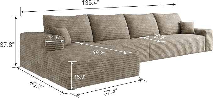 135" Corduroy Couch Sectional with Chaise, L Shape Boneless Cloud Couches for Living Room Bedroom, Modular Corner Couch, Fluffy Deep Seat Compression Sofa, Left Facing Chaise, No Assembly, Camel