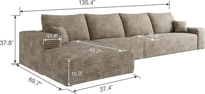 135" Corduroy Couch Sectional with Chaise, L Shape Boneless Cloud Couches for Living Room Bedroom, Modular Corner Couch, Fluffy Deep Seat Compression Sofa, Left Facing Chaise, No Assembly, Camel