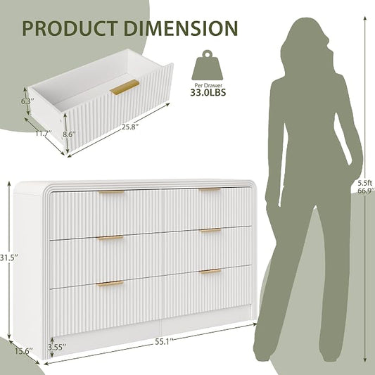 Decofy Fluted Drawers Dresser for Bedroom, Wood Dressers with Gold Handles, Modern Dressers with Wave Texture, Large Storage Chest of Drawers, Bedroom Dresser Organizer 55'' & 6 Drawers (Pure White)