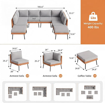 Aoxun 8-Piece Patio Furniture Set, Wicker Outdoor Furniture with Water Resistant Thick Cushions, Patio Conversation Set Outdoor Sectional Sofa with Coffee Table for Backyard Poolside, Light Grey
