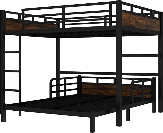 Queen Over Queen Metal Bunk Bed, Heavy Duty Convertible Bunk Bed Frame with Headboard & Full Guardrails, Can Be Split into Two Platform Beds or Loft Bed, Vintage