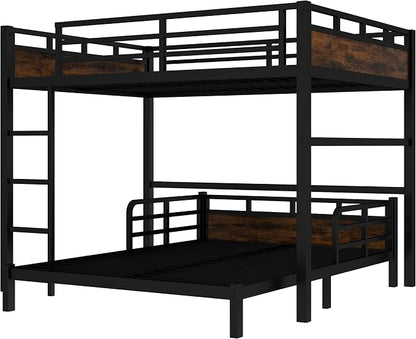 Queen Over Queen Metal Bunk Bed, Heavy Duty Convertible Bunk Bed Frame with Headboard & Full Guardrails, Can Be Split into Two Platform Beds or Loft Bed, Vintage