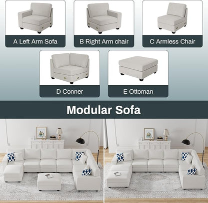 Legend Vansen Oversized Modular Sectional Sofa,U/L‑Shaped Reversible Couch with Ottoman,Deep Seat Plush Polyester Sofa for Living Room,9‑Seater,Cream