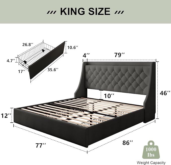 Feonase Upholstered King Size Bed Frame with 4 Storage Drawers, Large Wingback Headboard, No Box Spring Needed, Black