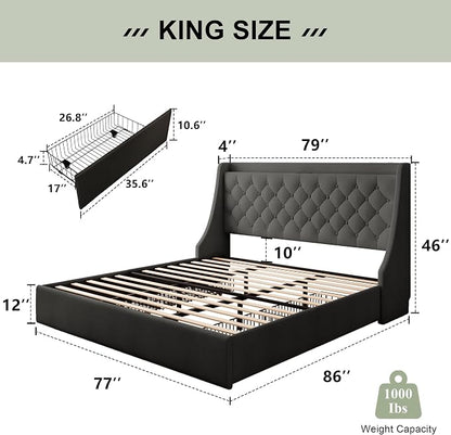 Feonase Upholstered King Size Bed Frame with 4 Storage Drawers, Large Wingback Headboard, No Box Spring Needed, Black