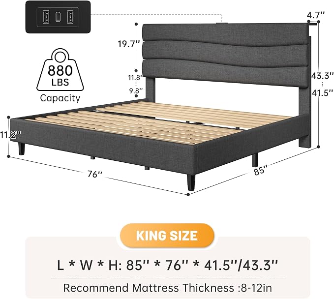 EnHomee King Bed Frame with Adjustable Height Upholstered Headboard, Charging Stations, Noise-Free Platform Bed, No Box Spring Needed,Easy Assembly, Grey