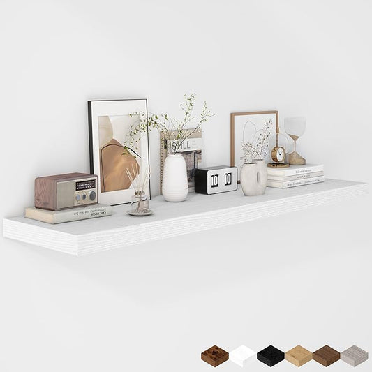 Fun Memories Floating Shelves - 12 Inch Rustic Wooden Wall Shelves - Extra Deeper & Thicker Wall Mounted Storage Shelf for Living Room, Kitchen, Farmhouse - 48" W x 12" D x 1.8" H - White