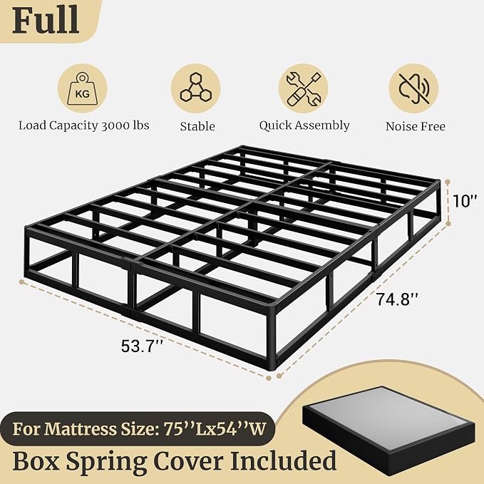 Awesofurni Full Size Box Spring, 10 Inch High Profile Full Box Spring Only, 3000 lbs Heavy Duty Metal Frame Mattress Foundation with Fabric Cover, Easy Assembly-Noise Free