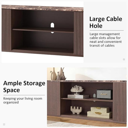 70" TV Stand, Modern Entertainment Center for TVs Up to 80", Fluted TV Console with Storage, Adjustable Shelves, Faux Marble Top, Curved Profile Design, Wood Media Console for Living Room, Brown Oak