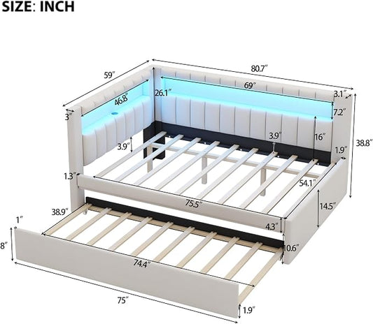 Merax Modern Upholstered Platform Bed Frame with USB Ports & Trundle Bed, Floor Sofa Day Bed with Storage Headboard, No Box Spring Needed/Easy Assemble/Full,White