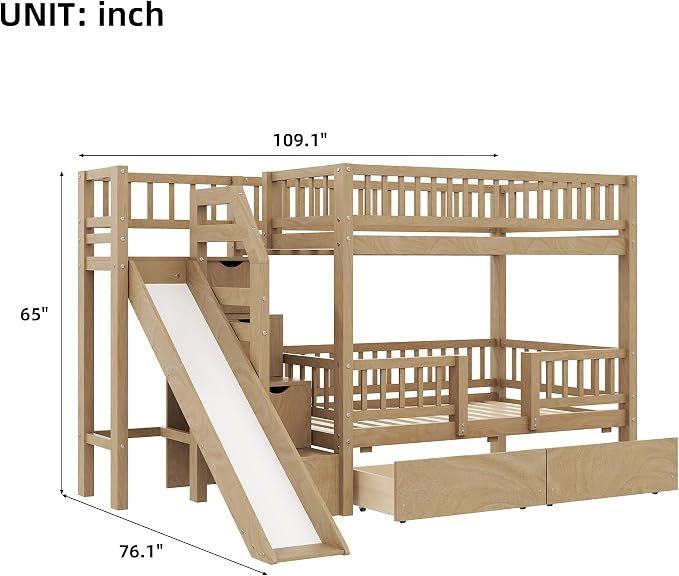Twin Over Twin Bunk Bed with Storage Staircase, Slide and 2 Drawers,for Kids Teens Adults (Walnut#Slide, Twin Over Twin)