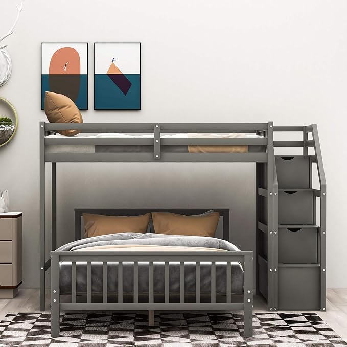 MERITLINE Twin Over Full L Shaped Bunk Beds with Stairs and Storage, Solid Wood Convertible Bunk Loft Beds with Storage Staircase and Guardrail, No Box Spring Needed (Twin Over Full,Grey)