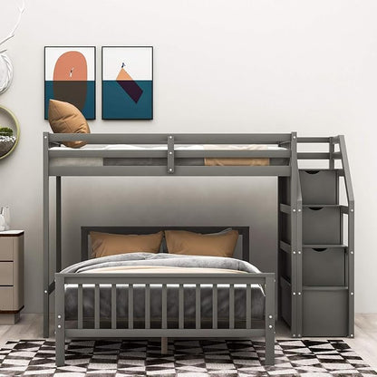 MERITLINE Twin Over Full L Shaped Bunk Beds with Stairs and Storage, Solid Wood Convertible Bunk Loft Beds with Storage Staircase and Guardrail, No Box Spring Needed (Twin Over Full,Grey)