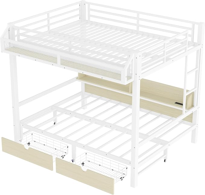 Bellemave Bunk Bed Queen Over Queen，Metal Bunk beds with Storage Shelves and Drawers USB Ports and LED Lights, Lower Bed That can be Converted into a Sofa, White