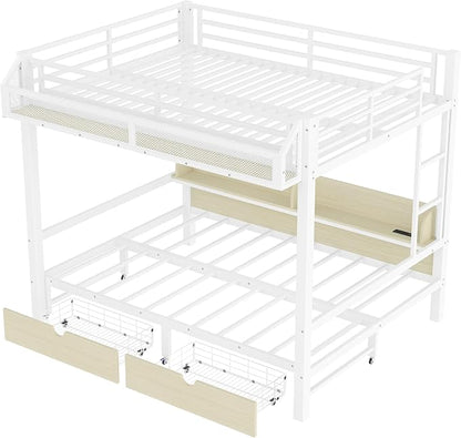Bellemave Bunk Bed Queen Over Queen，Metal Bunk beds with Storage Shelves and Drawers USB Ports and LED Lights, Lower Bed That can be Converted into a Sofa, White