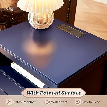 Huuger Blue Nightstand Set of 2, Night Stand with Charger Station, Bedside Table with 2 Drawers, Bed Side Tables for Bedroom, Modern Nightstands, Metal Knobs, Painted Surface